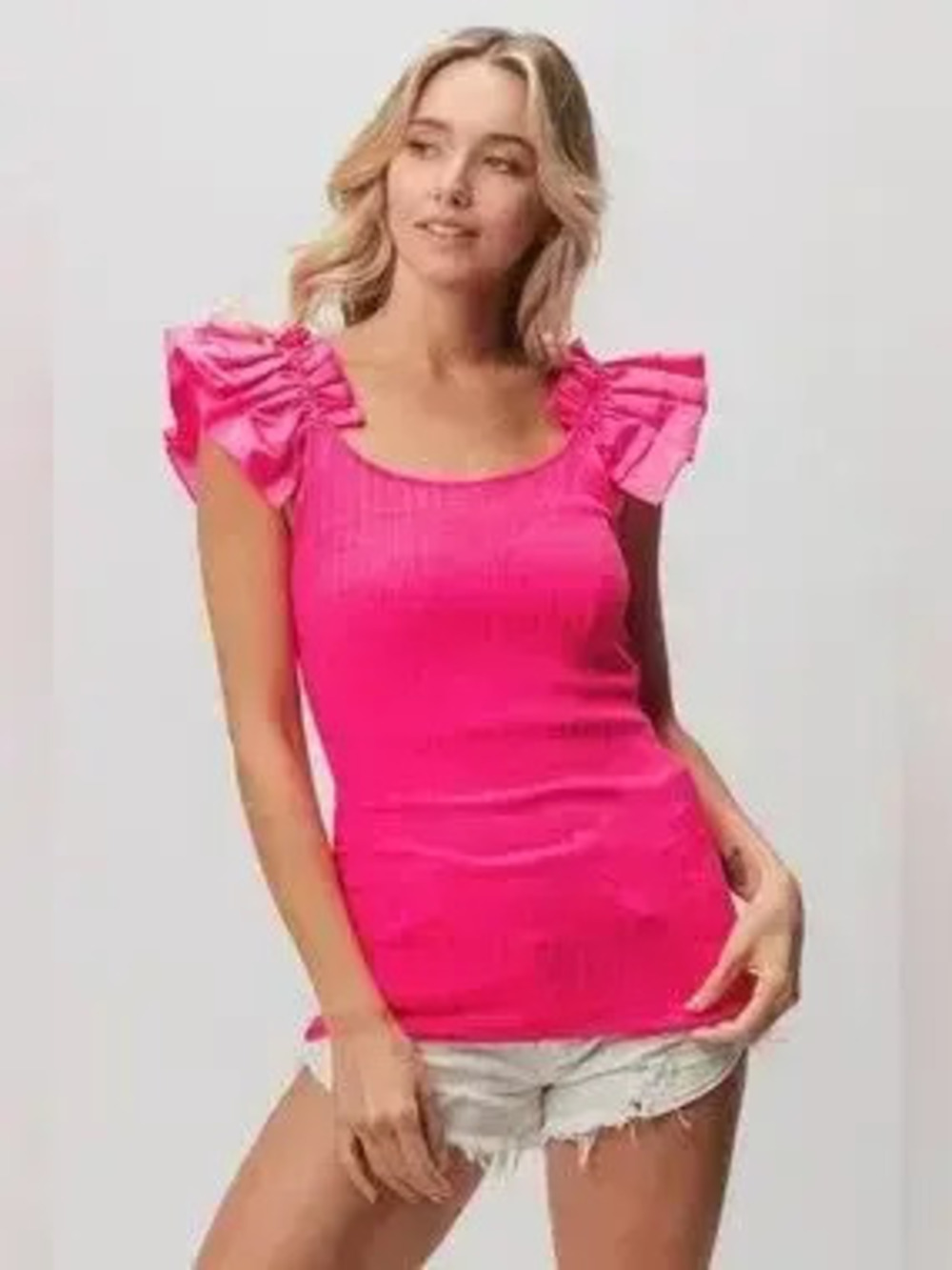 BiBi Ruffled Shoulder Strap Rib Texture Top - Picture 3 of 4